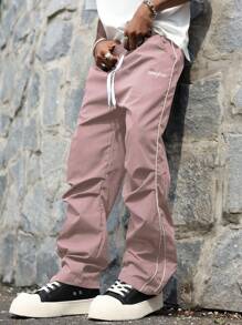 Manfinity Hypemode 男士简约前系带口袋字母印花休闲长裤，适合日常穿着 - 淺粉色 - 查看 6