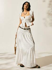 Easelle 度假宽松荷叶边领口荷叶边下摆短款女士衬衫