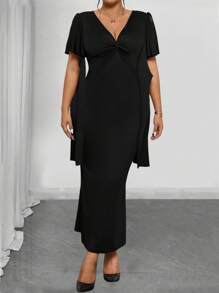 Elenzga Vestido de manga corta de unicolor y minimalista para mujer de talla grande - Negro - Ver 5