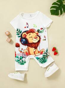 SHEIN Baby Boy Summer Plant Print Cartoon Lion Round Neck Short Sleeve Casual Romper - White - View 1