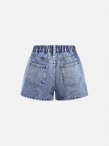 SHEIN Girlism Letnie, swobodne, luźne, dżinsowe szorty dla nastolatek z falbankami i kokardką, z przetarciami i haftem, letnie, koncertowe, festiwalowe, rave'owe, letnie, brunchowe, kościelne, na zakończenie roku szkolnego, streetwearowe, na powrót do szkoły