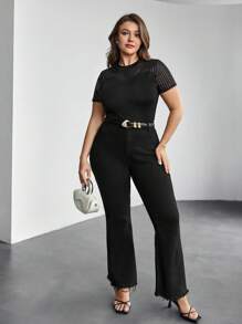 SHEIN Privé Plus Size Mesh & Glitter Patchwork Slim Fit T-Shirt - Black - View 5