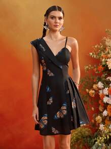 KATHARSIS Frida Kahlo X SHEIN X Designer 蝴蝶印花单肩带不对称褶皱修身迷你连衣裙 - 黑色 - 查看 3