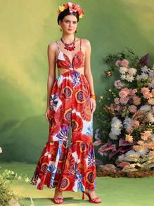 TIYA Frida Kahlo X SHEIN X Designer Summer Tropical Floral Printed Tie Backless Slip Jumpsuit , Women Vacation Outfits - Multicolor - View 1