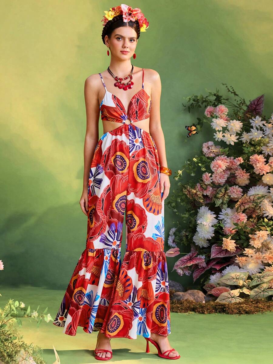 TIYA Frida Kahlo X SHEIN X Designer Summer Tropical Floral Printed Tie Backless Slip Jumpsuit , Women Vacation Outfits - Multicolor - View 1