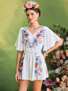Oxana Frida Kahlo X SHEIN X Designer 花卉印花 V 领飘逸短袖波西米亚风女式度假连体裤 - 彩色 - 查看 7