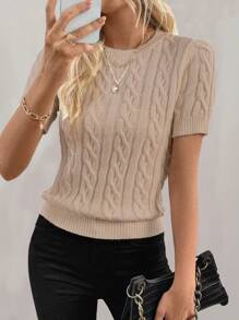 EMERY ROSE Designer Twist Rope Detail Round Neck Knit Top, Fashionable European & American Style, Autumn/Winter - Baby Pink - View 1