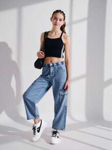Explorewe Tween Girl Striped Camisole And Utility Denim Jeans Casual Outfit Jeans Set For Girls Outfits For Teens Summer Set Teen Outfits Set - Blue - View 1
