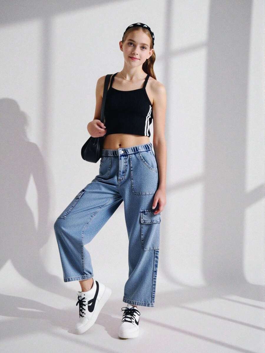 Explorewe Tween Girl Striped Camisole And Utility Denim Jeans Casual Outfit Jeans Set For Girls Outfits For Teens Summer Set Teen Outfits Set - Blue - View 1