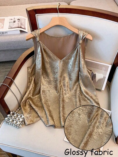 Regalyn 加大码夏季金属色无袖扭结衬衫，夏季衬衫