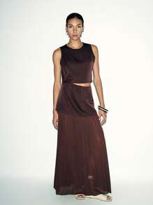 Lumivelle 2 件套：女士宽松无袖上衣，腰部褶皱和 A 字褶边雪纺裙 - 棕色 - 查看 3