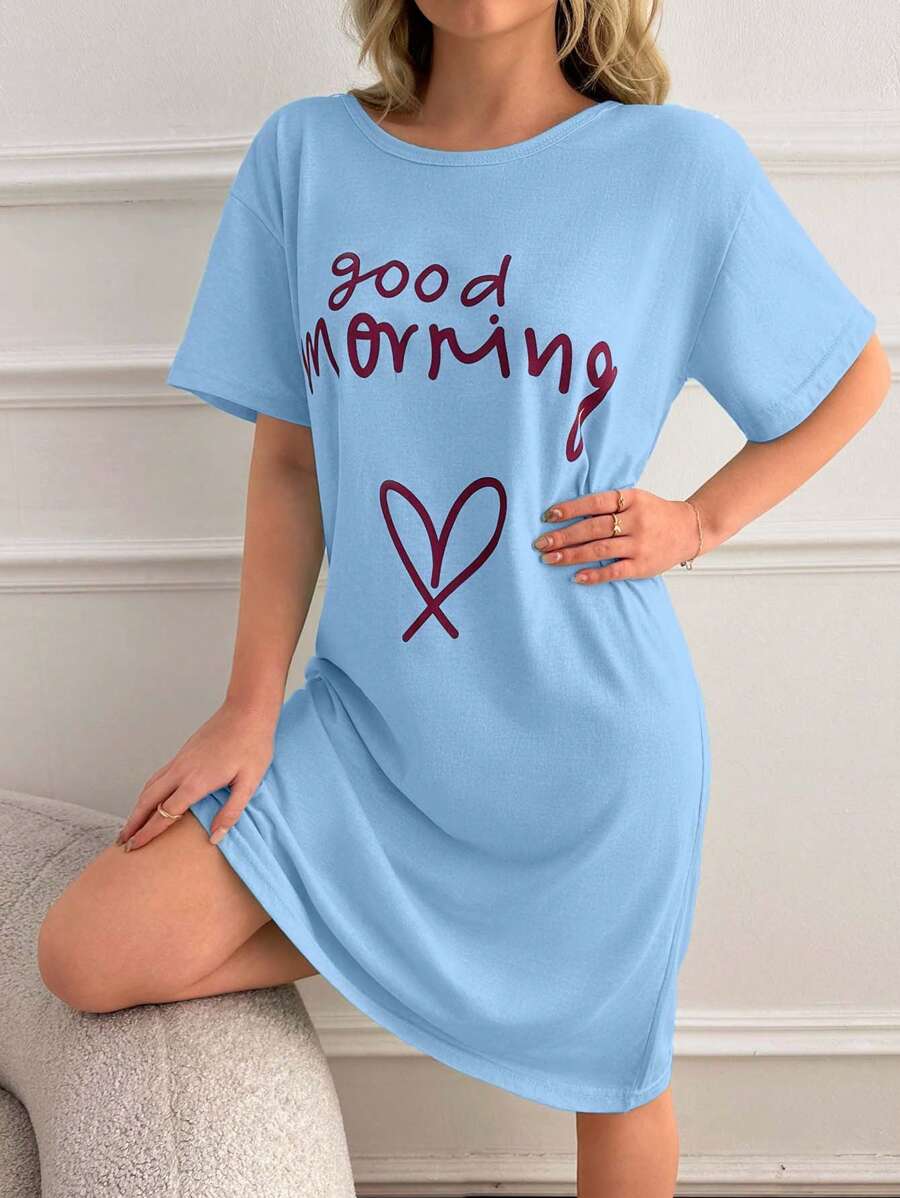女士高个纯棉撞色标语爱心印花短袖圆领舒适家居休闲睡衣 - 淺藍色 - 查看 1