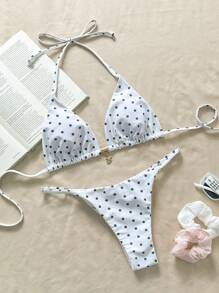 Swim Mod Springbreak Polka Dot Print & Metal Decor Spaghetti Strap Sexy Bikini Set, Women Summer Beachwear Outfits - Multicolor - View 4