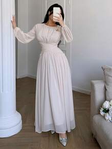 Feyla 女士优雅纯色交叉腰灯笼袖连衣裙 - 杏色 - 查看 2