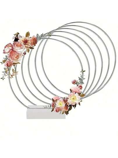 1/5/10 piezas Centros de mesa con aro floral de metal, anillo corona plateado con soportes de sujeción blancos, aros florales macramé para decoración del hogar DIY, decoración de mesas de boda y regalos para cumpleaños y graduación