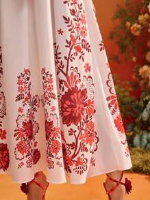 Oxana Frida Kahlo X SHEIN X Designer فستان أنيق طويل للسيدات بخصر واسع، طبعات بيضاء، أكمام منتفخة، ياقة لفافة - متعدد الألوان - مشاهدة 5