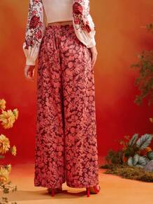 Oxana Frida Kahlo X SHEIN X Designer 花卉印花荷叶边松紧腰阔腿裤女夏季度假休闲 - 彩色 - 查看 2