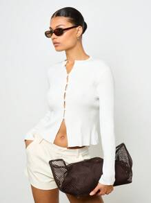 AiiRZ Ribbed Button Front Crop Cardigan Long Sleeve Fitted Y2K Style Retro Fall Winter Essential Layering Top - White - View 1