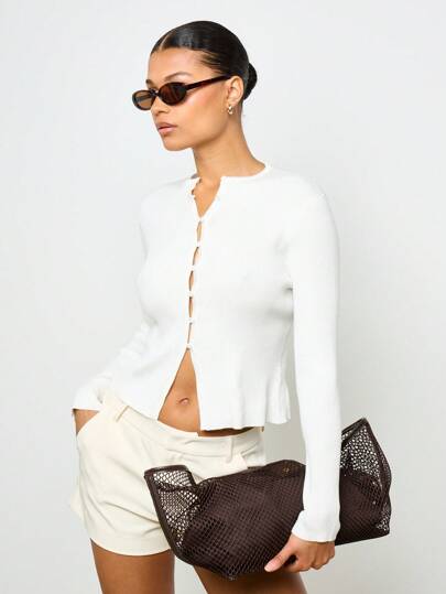 AiiRZ 罗纹纽扣前短款开衫长袖修身 Y2K 风格复古秋冬必备分层上衣