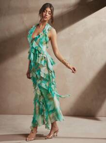 L'Amorae Women's Summer Print Elegant Ruffle Split Maxi Skirt - Green - View 5