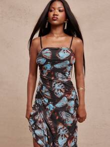 NYA SZN Vestido con volantes medianos y abertura, tirantes delgados, vestido de verano para fiesta, vestido sexy para eventos, vestido elegante para festivales occidentales, conciertos, fiestas, vacaciones, primavera, brunch, graduación, boda, Pascua, color azul pastel con estampado de mariposa para mujer