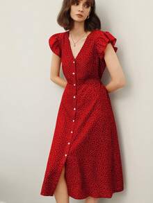 EMERY ROSE 女士时尚 V 领系腰开衩下摆夏季假日连衣裙新年衣服长款度假沙滩装