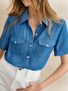 Écloséra Cardigan retro francez la modă, casual, minimalist, versatil, cu guler răsturnat, mânecă scurtă, moale și confortabil, din in Tencel, pentru femei, primăvară/vară, albastru - Bleu - Vizualizare 2