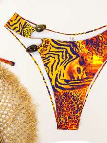Swim Vcay 女士沙滩装，随机花卉印花性感豹纹比基尼套装，露背系带泳衣 - 亮橙色 - 查看 8