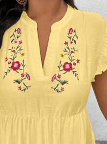 SHEIN Clasi Plus Size V-Neck Floral Embroidery Ruffle Hem A-Line Babydoll Dress - Yellow - View 5