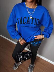 SHEIN Teen Girls Blue & Black Sweatshirt Set,Letter Print Round Neck Mid-Length Top & Leggings,Autumn,Streetwear,Holiday Outfit School Sports Hoodie Clothes - Multicolor - View 4