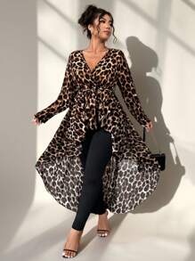 Elenzga 大码女式 2 件套豹纹雪纺 V 领长袖上衣（配腰带和紧身裤） - 彩色 - 查看 7