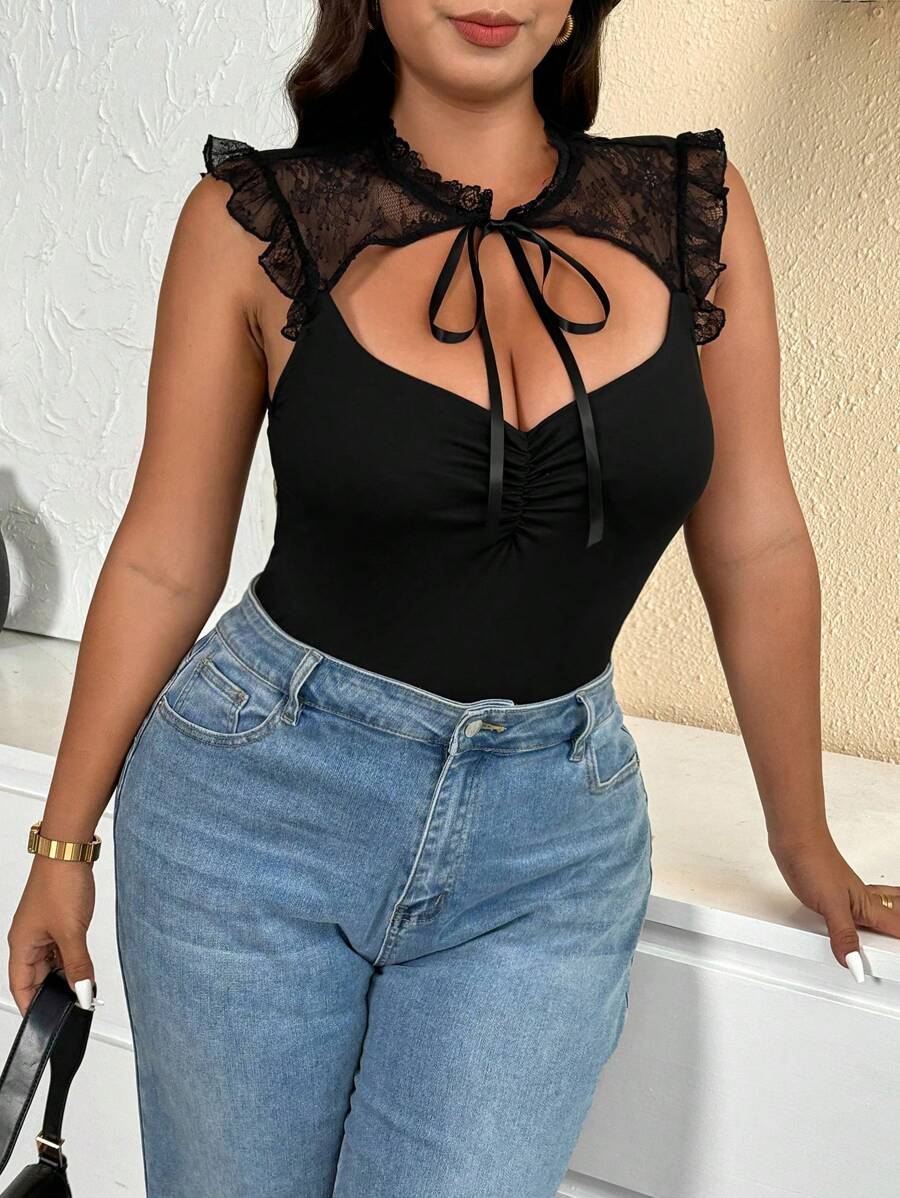 Celure Camiseta de mujer de talla grande con encaje, parches, diseño cruzado y calado, ropa de mujer, ropa de verano para mujer, camisas de verano para mujer, conjuntos de verano para mujer