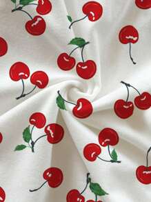Soleia 2 件女式樱桃印花露肩背心和短裤套装，度假装樱桃服装樱桃装夏季两件套 - 紅白色 - 查看 5