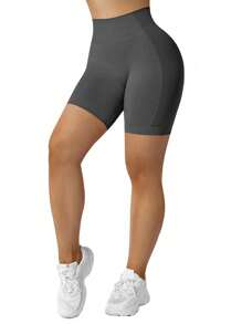 SHEIN Sport Studio Einfarbige Shorts mit hoher Taille, nahtlos, elastisch, für Sport und Training