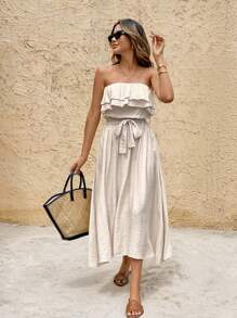 SHEIN Frenchy 女式休闲度假纯色荷叶边下摆抹胸连衣裙 - 杏色 - 查看 6