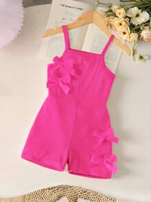 女童休闲时尚日常无袖高腰短款连体裤，蝴蝶结设计，甜美可爱 - 玫紅色 - 查看 1