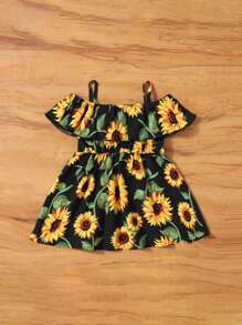 SHEIN Baby Girl Sunflower Print Cold Shoulder Ruffle Trim Dress - Multicolor - View 5