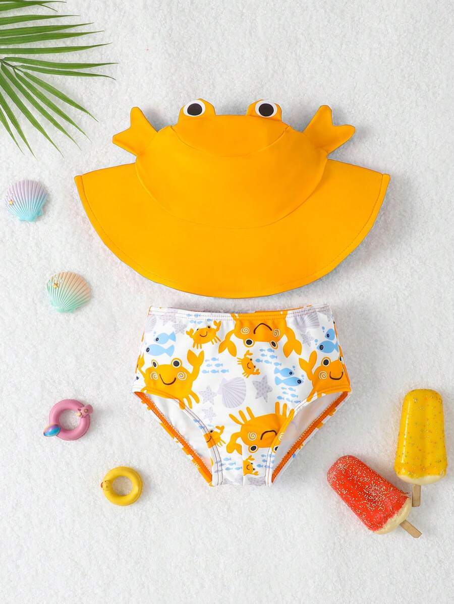 Bóxer de baño con estampado de cangrejo de dibujos animados y sombrero escultural para bebé niño