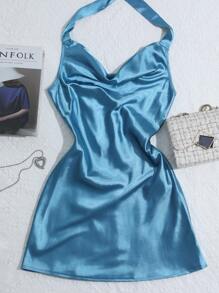 INAWLY 蓝色缎面垂坠领口露背吊带裙，迷人性感系带迷你裙