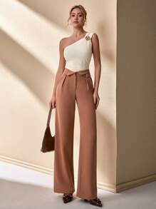 CLARA VERO Tall Black Slit Waist Straight Pants - Brown - View 1