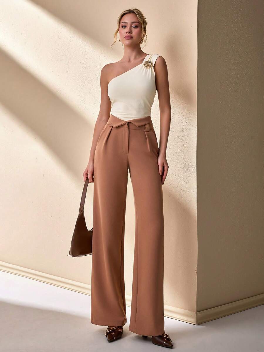 CLARA VERO Tall Black Slit Waist Straight Pants - Brown - View 1