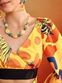 ISELACOS Frida Kahlo X SHEIN X Designer 全身印花灯笼袖镂空迷你连衣裙女士夏季连衣裙度假装 - 黃色 - 查看 4