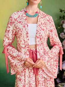 Frida Kahlo X SHEIN X Designer The Perfect Party Floral Print Contrast Bow Flared Long Sleeves Women Blouse Summer Vacation Beach Kimono - Multicolor - View 6