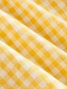 SHEIN MOD 格子荷叶边撞色拼色无袖单排扣休闲连衣裙，夏季 - 淡黃色 - 查看 3