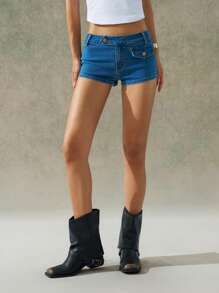 LYSMO Quần short denim bó sát, thiết kế nút dành cho nữ, dễ phối đồ - Rửa trung bình - Xem 1