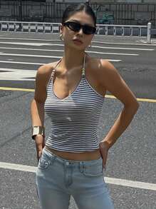 DAZY 女式夏季串珠吊带无袖黑白条纹背心，返校服装 - 灰色 - 查看 3