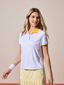 Gameset SHEIN Sport 女式可调节领扣撞色宽松休闲高尔夫运动网球 Polo 衫，春夏 - 白色 - 查看 4