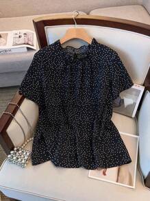GlowEve CURVE Plus Size Women's Casual Best-Selling Black & White Polka Dot Short Sleeve Frill Collar Outdoor Blouse With Pleated Hem, Elegant Versatile Slim-Fit Romantic Holiday Shirt, Spring/Summer - Black - View 5