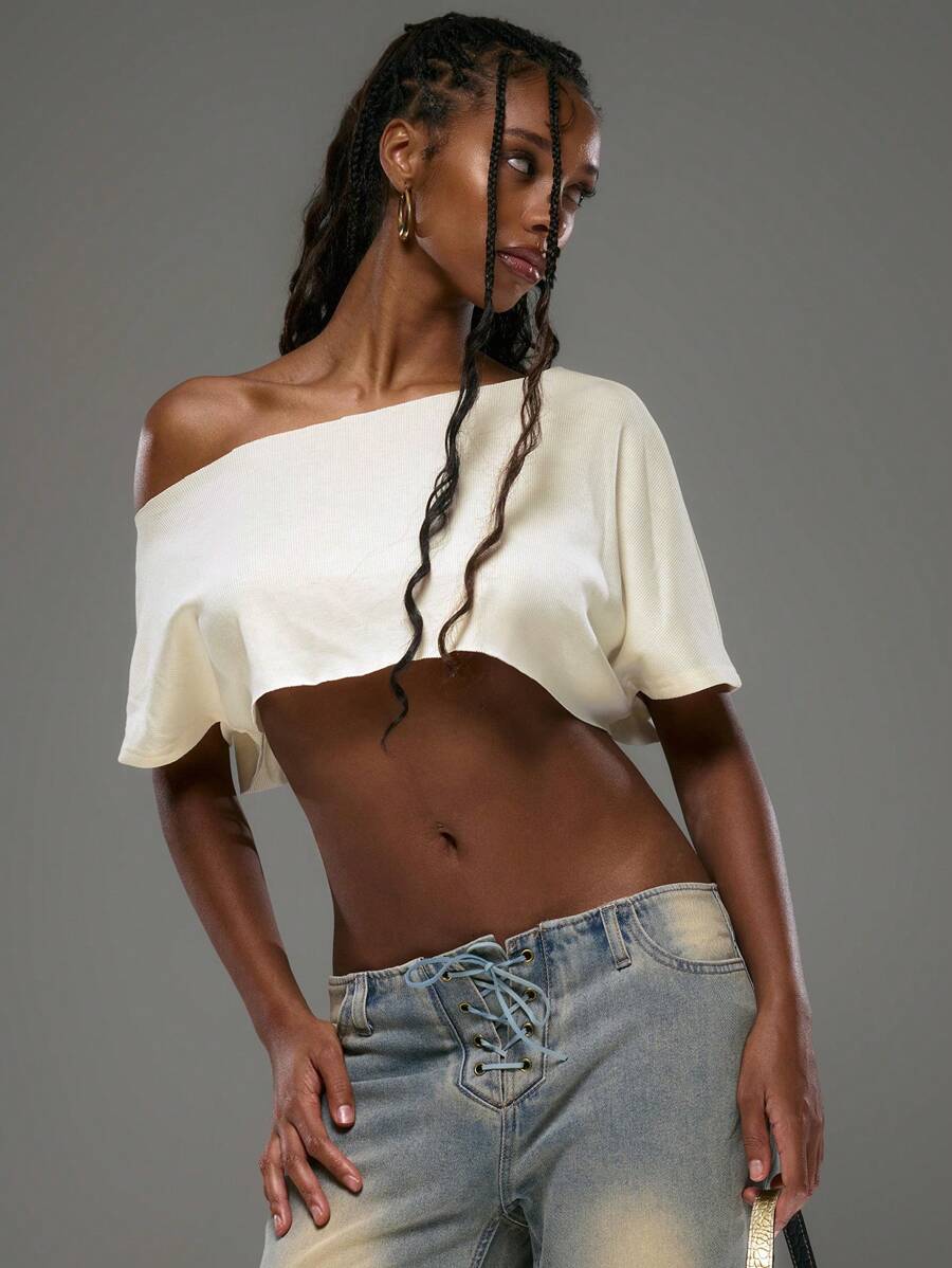 MUSERA Asymmetrical Neck Cropped Oversized Women T-Shirt Street Style Ibiza Boho Club Sexy Deconstructed Asymmetrical Shoulder Tops Festival Going Out Tops Fall Winter Spring Summer - Yellow - View 1