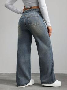 SHEIN ICON 大码休闲日常穿搭纽扣后松紧腰直筒牛仔裤 - 藍色 - 查看 2